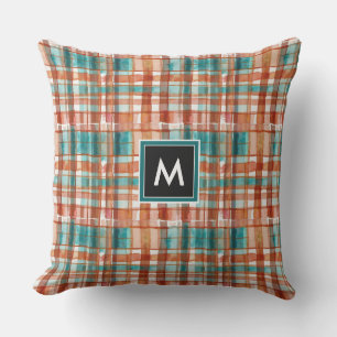 Geometric Red And Green Tartan Watercolor Monogram Outdoor Pillow