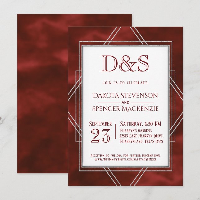 Geometric Red Art Deco | Modern Monogram Wedding Invitation (Front/Back)