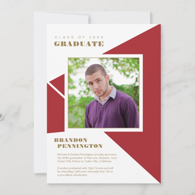 Geometric Red Colour Block Triangles Graduation Announcement (Front)