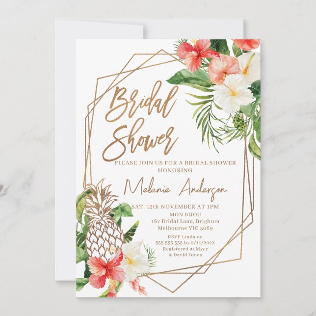 Geometric Red Floral Aloha Bridal Shower Invitation (Front)