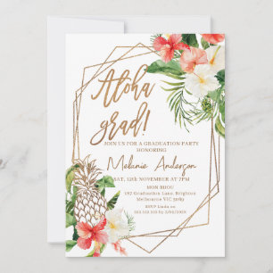 Geometric Red Floral Aloha Grad Graduation Invitation
