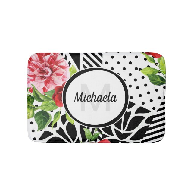 Geometric Red Floral Monogram Bath Mat (Front)