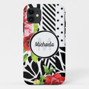 Geometric Red Floral Monogram iPhone 11 Case