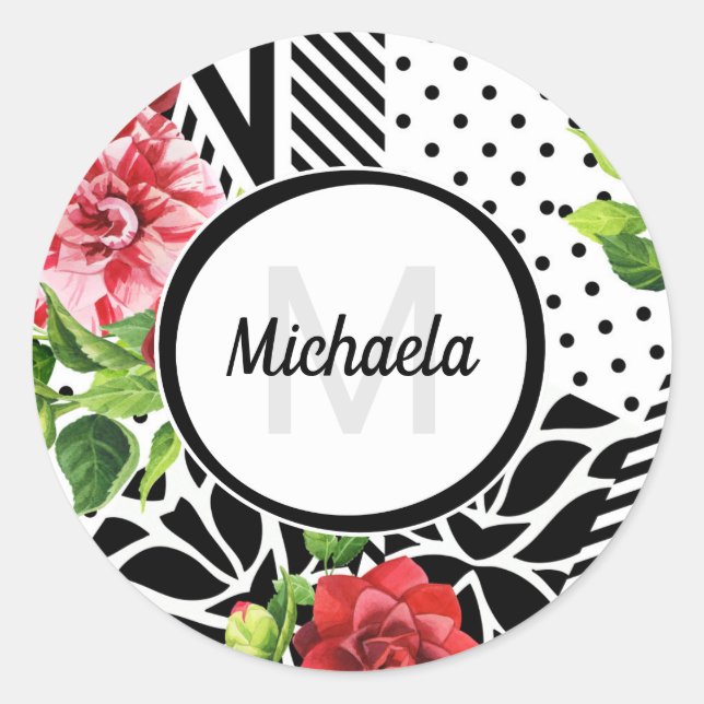 Geometric Red Floral Monogram Classic Round Sticker (Front)