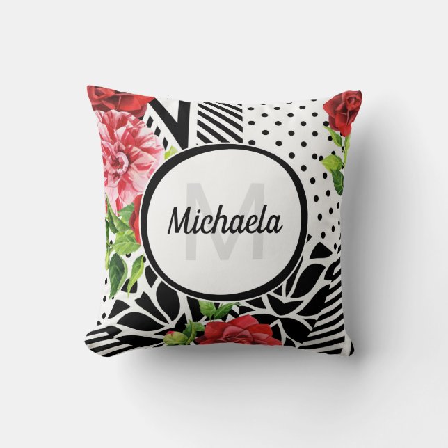 Geometric Red Floral Monogram Throw Pillow (Front)