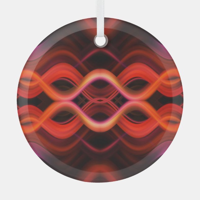 Geometric red wavy lines design. glass ornament (Front)