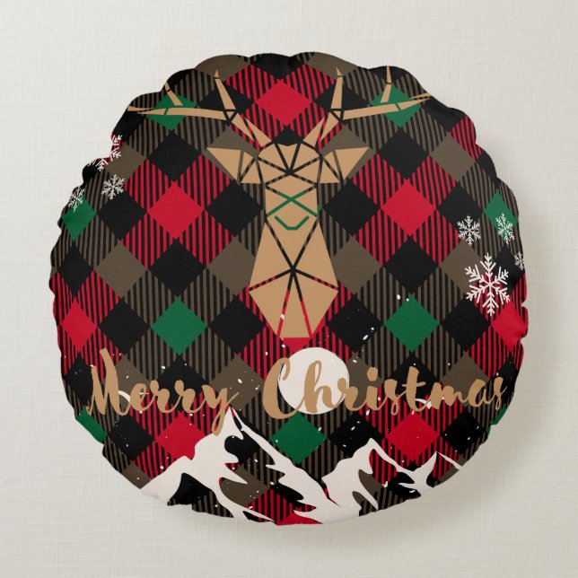 Geometric Reindeer Plaid Christmas Throw Pillow (Front)