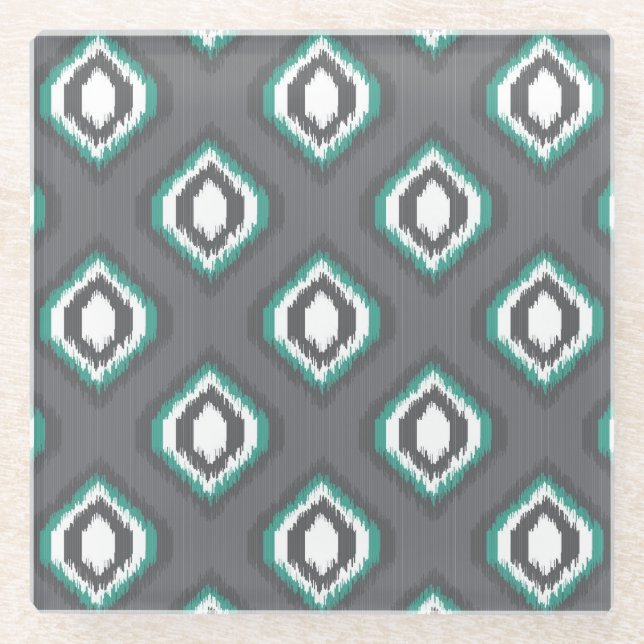 Geometric retro ikat tribal pattern glass coaster (Front)