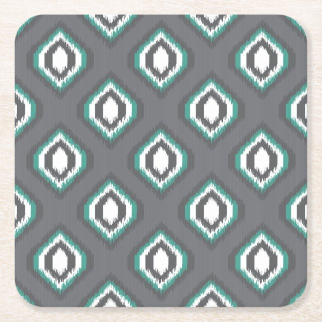 Geometric retro ikat tribal pattern square paper coaster (Front)