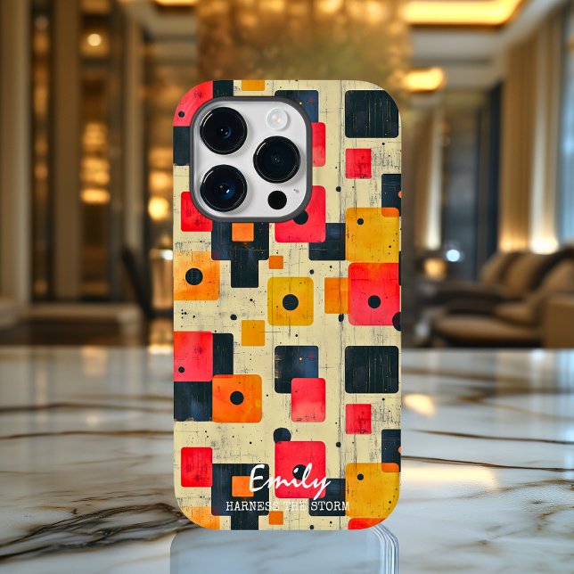 Geometric Retro Squares with Custom Name & Phrase Case-Mate iPhone Case (Creator Uploaded)