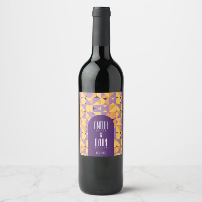 Geometric Retro Vibes Autumn wedding Gift  Wine Label (Front)