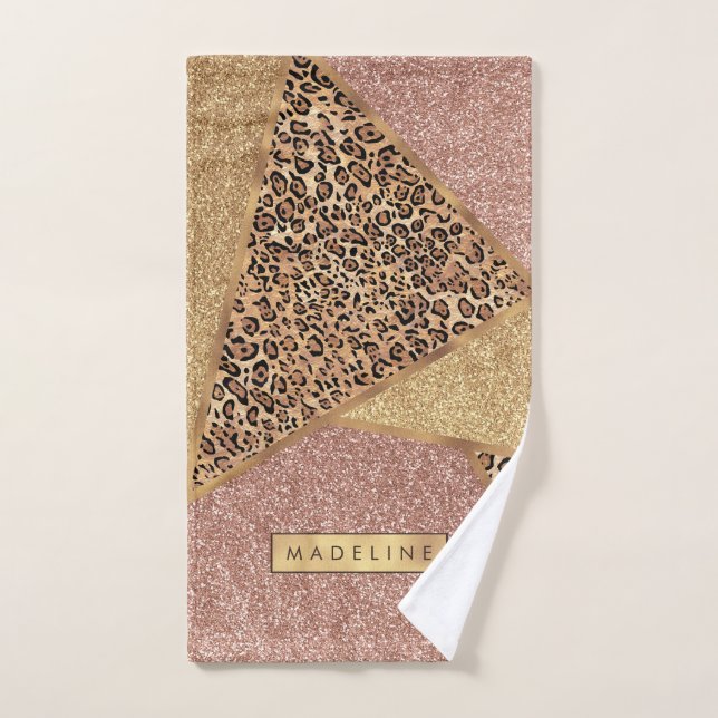 Geometric Rose Gold Blush Glitter Leopard Pattern Hand Towel (Hand Towel)
