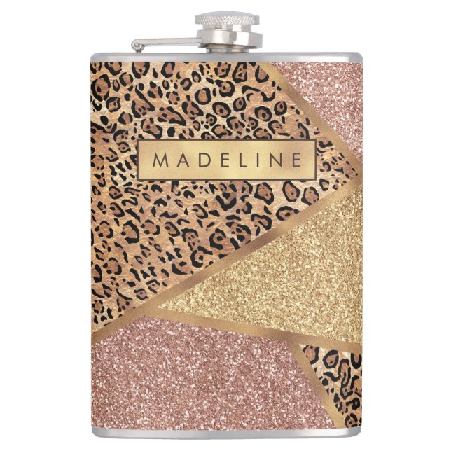 Geometric Rose Gold Blush Glitter Leopard Pattern Hip Flask (Front)