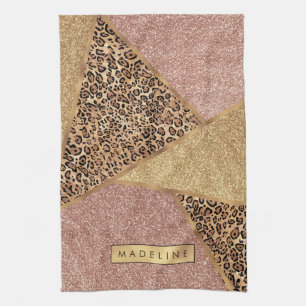 Geometric Rose Gold Blush Glitter Leopard Pattern Kitchen Towel