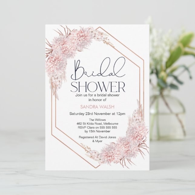 Geometric Rose Gold Boho Floral Bridal Shower Invitation (Standing Front)