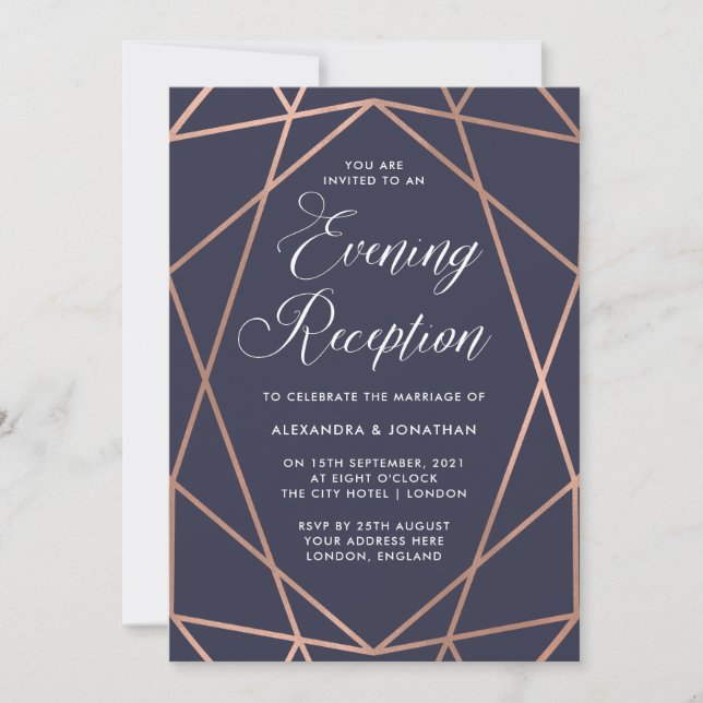 Geometric Rose Gold on Dark Blue Evening Reception Invitation (Front)
