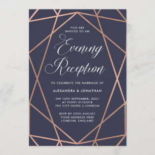 Geometric Rose Gold on Dark Blue Evening Reception Invitation