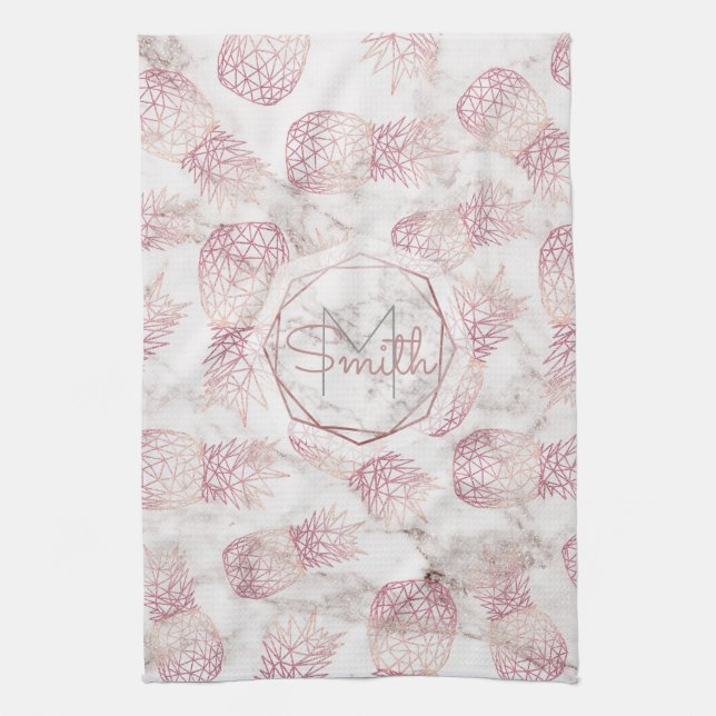 Geometric rose gold pineapples marble pattern kitchen towel (Vertical)