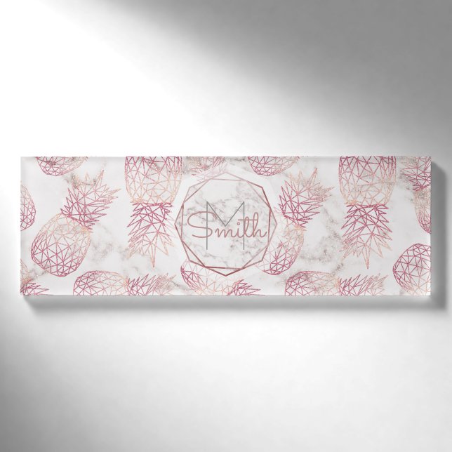 Geometric rose gold pineapples marble pattern name tag (Front)
