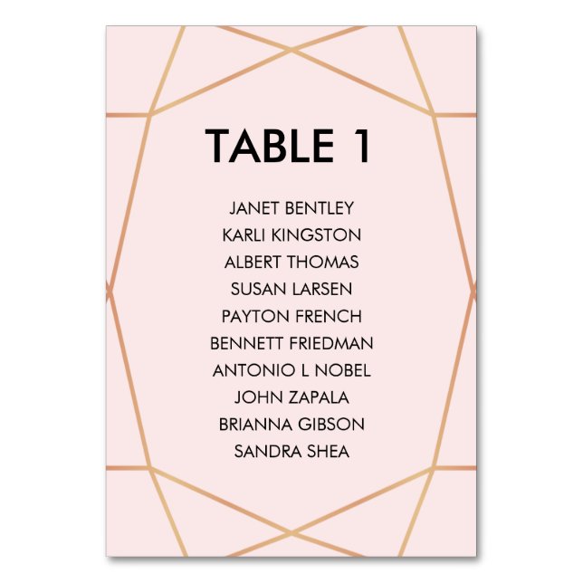 Geometric Rose Gold Seating Chart | Custom Colour Table Number (Front)