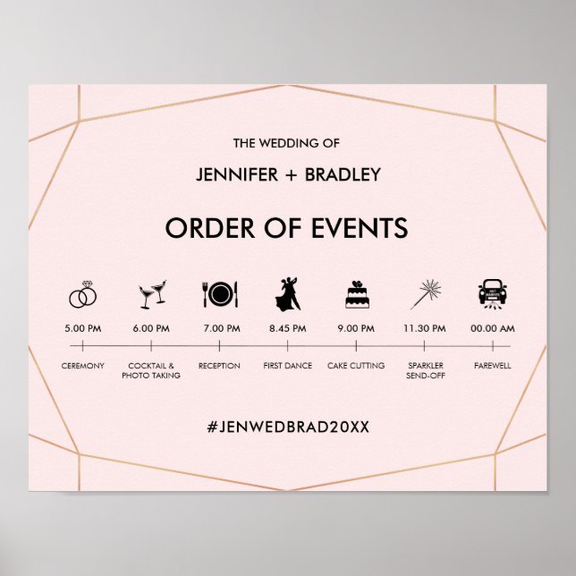 Geometric Rose Gold Wedding Timeline Sign (Front)