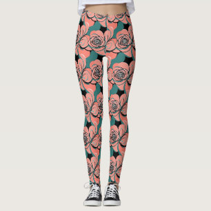 Geometric Roses In Shades Of Black And Teal Leggings