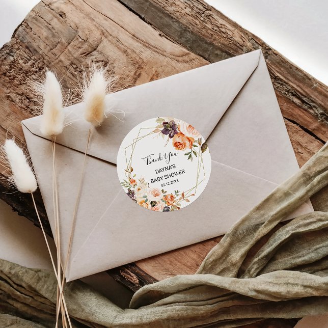 Geometric Rustic Floral Baby Shower Thank you Classic Round Sticker (Creator Uploaded)