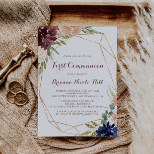 Geometric Rustic Gold Calligraphy First Communion Invitation