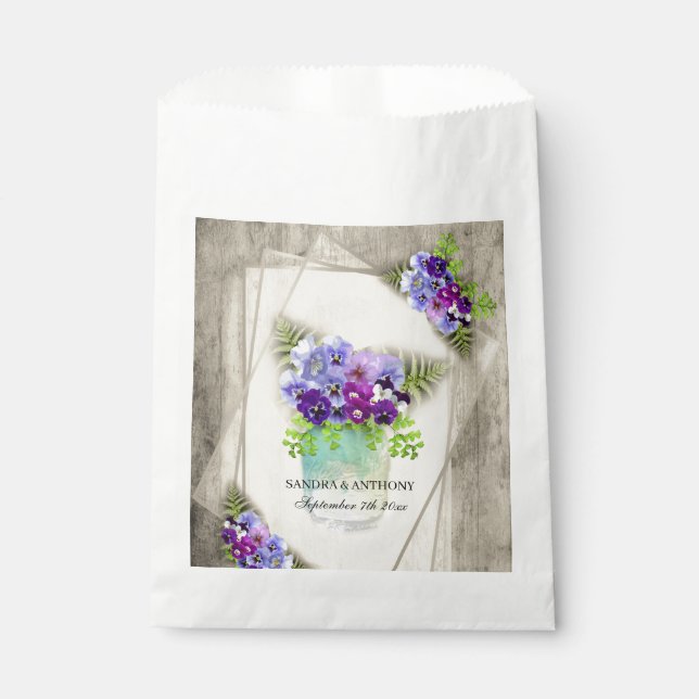 Geometric Rustic Pansies in Mason Jar Wedding Favour Bag (Front)