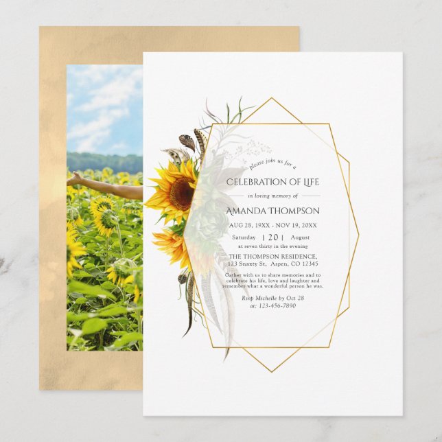 Geometric Rustic Sunflowers Celebration of Life Invitation (Front/Back)
