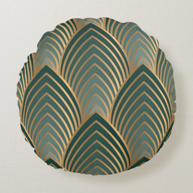 Geometric seamless pattern with golden and green c round pillow (Front)