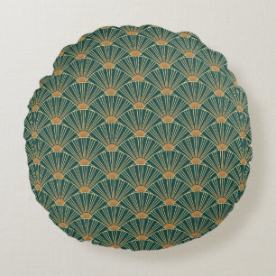 Geometric seamless pattern with golden lines. Gree Round Pillow