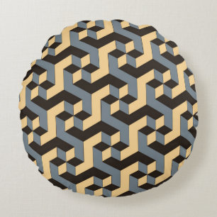 geometric seamless tile with complex rotating cubi round pillow