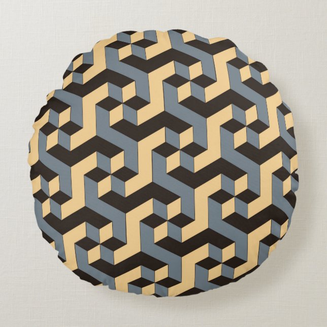 geometric seamless tile with complex rotating cubi round pillow (Front)