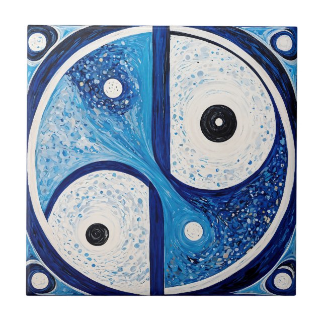 Geometric Serenity: Blue & White Yin Yang Tile (Front)
