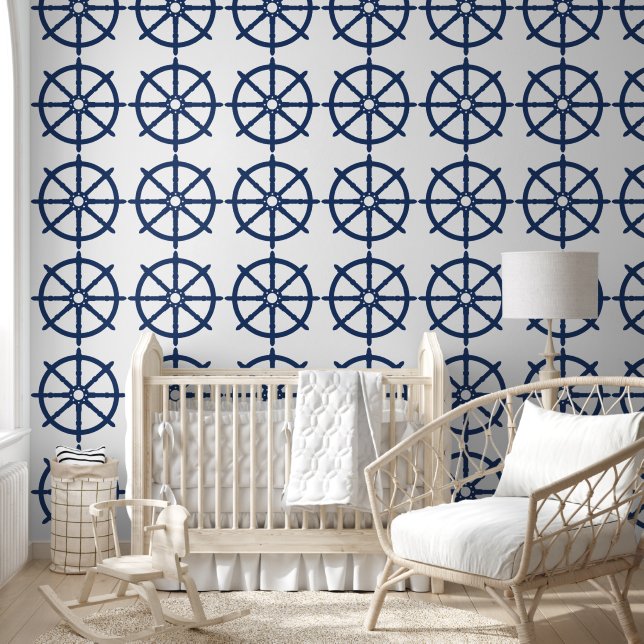 Geometric Shape Nautical Coastal Navy Ship Wheel Wallpaper (Kids)