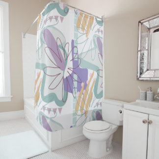 Geometric shapes and flowers on white.