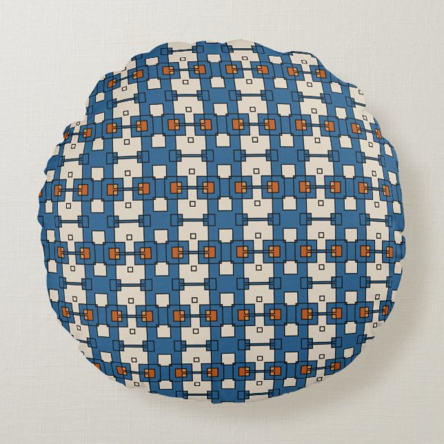 Geometric shapes blue orange cream round pillow (Front)