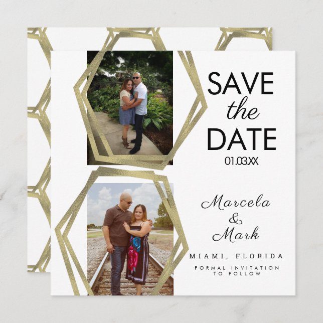 Geometric Shapes Gold Save The Dates Photo  Card (Front/Back)