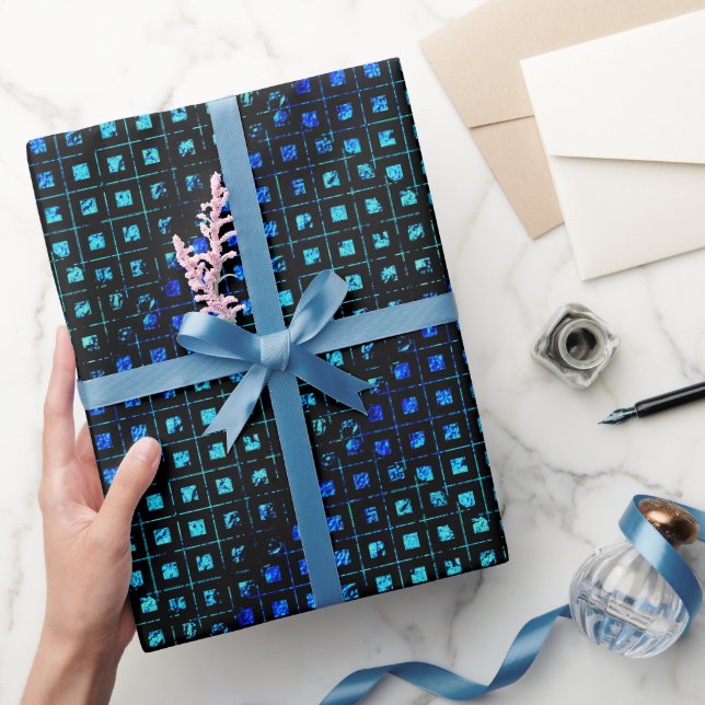 Geometric Shiny Teal Blue & Black Small Squares Wrapping Paper (Gifting)