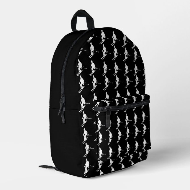 Geometric Skiers Winter Skiing Pattern Black Printed Backpack (Back Corner Left)