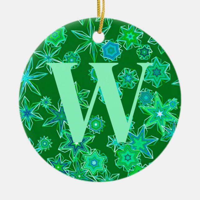 Geometric Snowflakes, Emerald Green Personalized  Ceramic Ornament (Front)