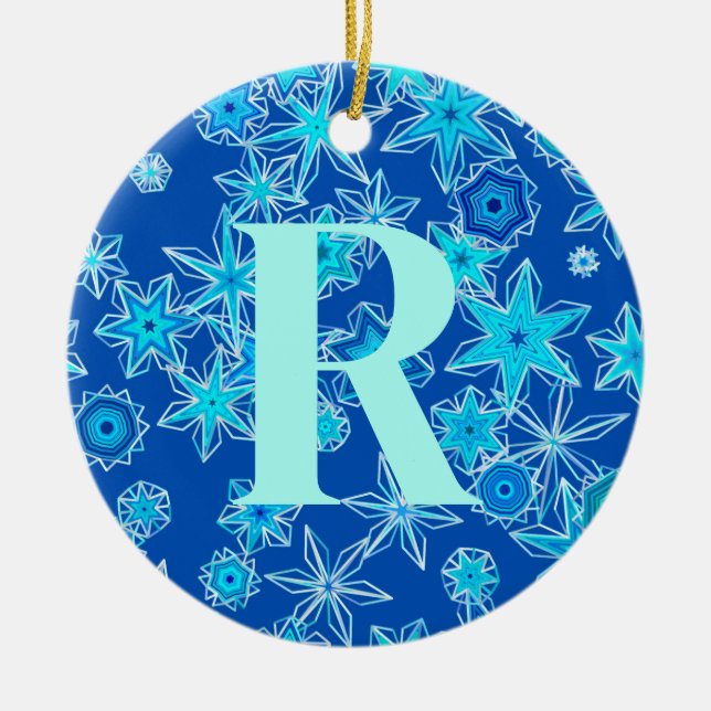 Geometric Snowflakes, Sapphire Blue Personalized  Ceramic Ornament (Front)