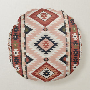 Geometric Southwestern Tribal Kilim in Terracotta Round Pillow