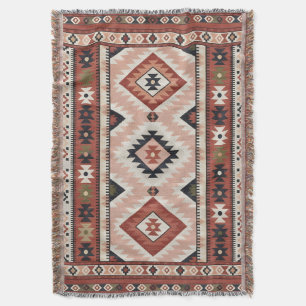 Geometric Southwestern Tribal Kilim in Terracotta Throw Blanket