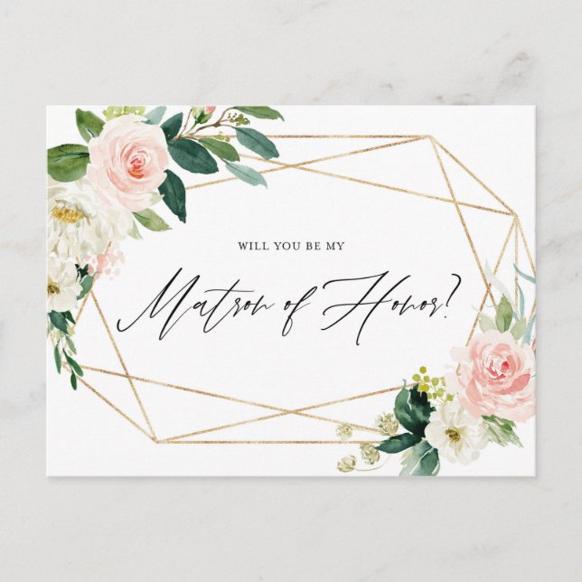 Geometric Spring Blooms Be My Matron of Honour Car Invitation Postcard (Front)