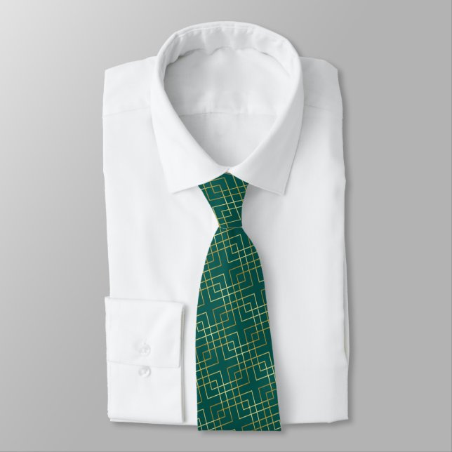 Geometric Square Lines Gold Vector Pattern Teal Tie (Tied)
