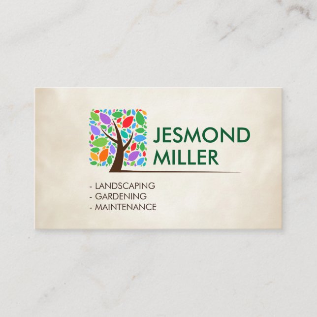 Geometric Square Tree with colourful leaves Business Card (Front)