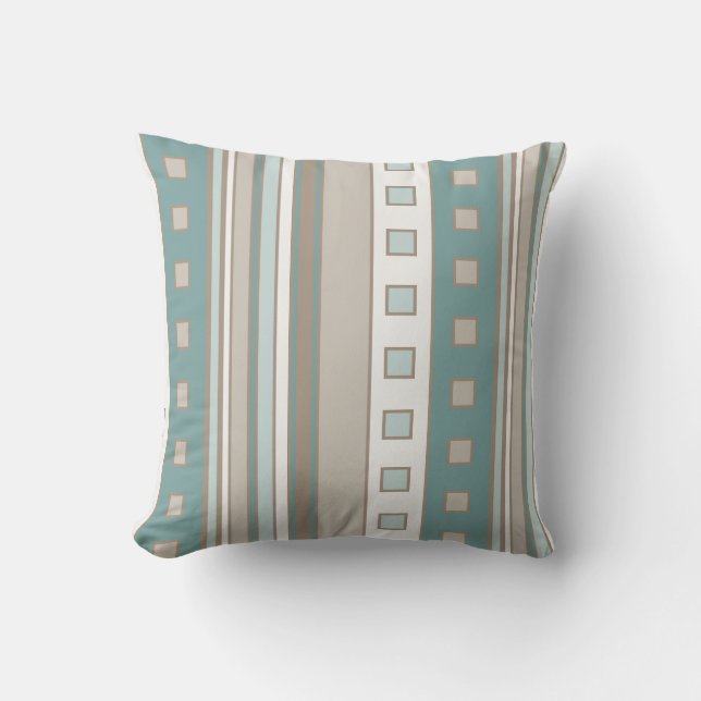 Geometric Squares and Stripes, Teal, Brown Seafoam Throw Pillow (Front)