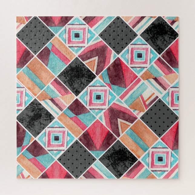 Geometric squares, watercolor patchwork jigsaw puzzle (Vertical)